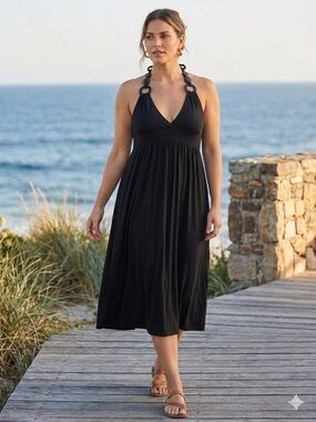 Suzy Shier Black Halter Maxi Dress - Ring Detail Boho Resort Wear Size Large